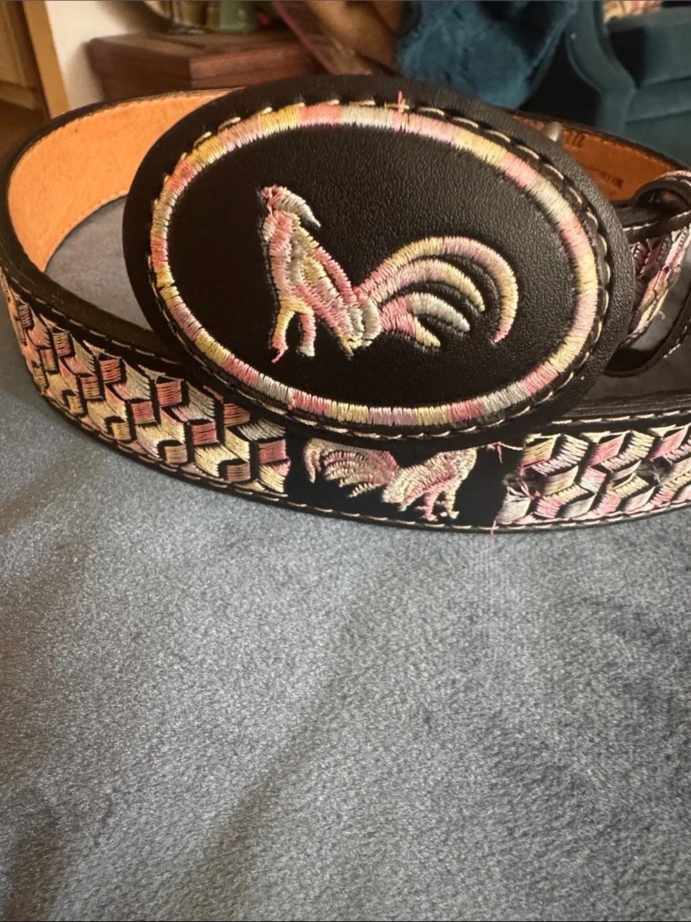 Kids Black Leather Belt with Pink & Cream Embroidered Rooster Accent